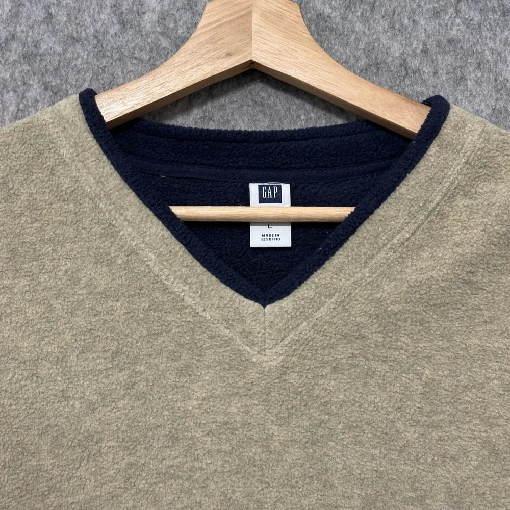 Vintage Gap Mens Large V-Neck Fleece Pullover Sweater Tan Beige‎ Comfort